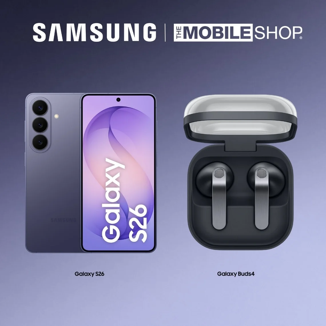 A purple Galaxy S26 phone and Black Galaxy Buds 4 are next to white Samsung logo on deep blue gradient background