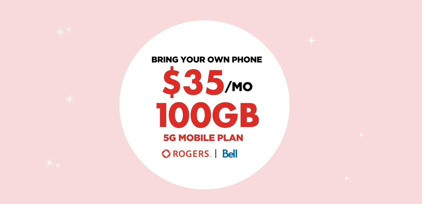 A white circle features "100GB for $35 with select carriers" on a pink background.